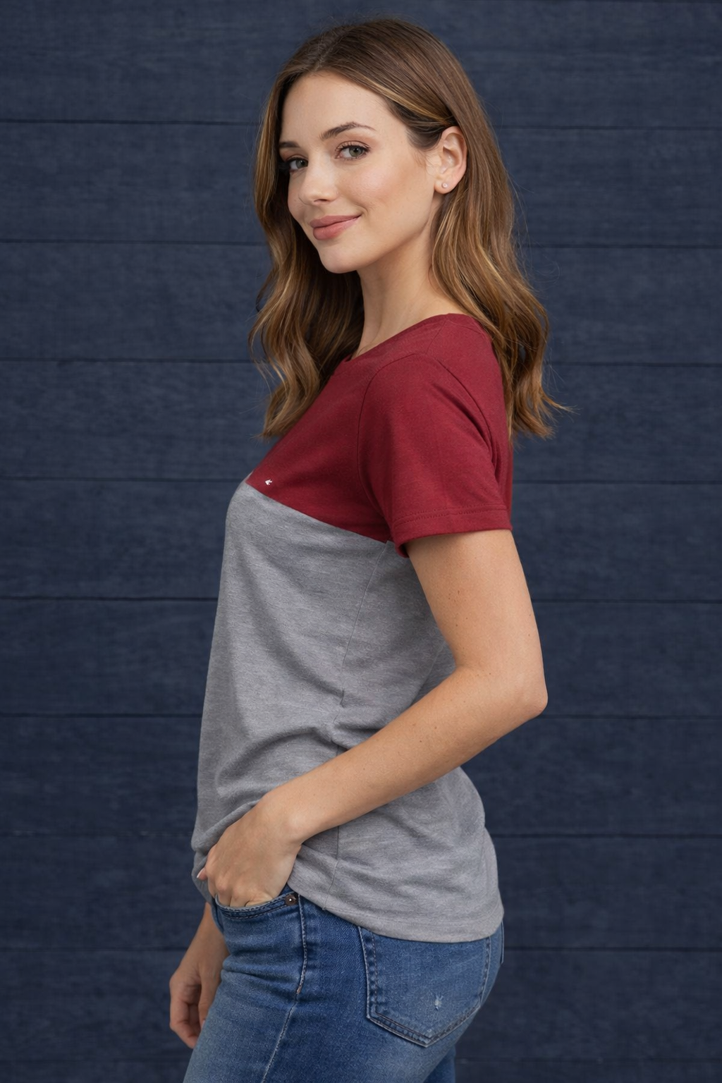Attitude Start Of Fashion Women’s Casual Color-Block T-Shirt – Maroon & Grey Short Sleeve Tee