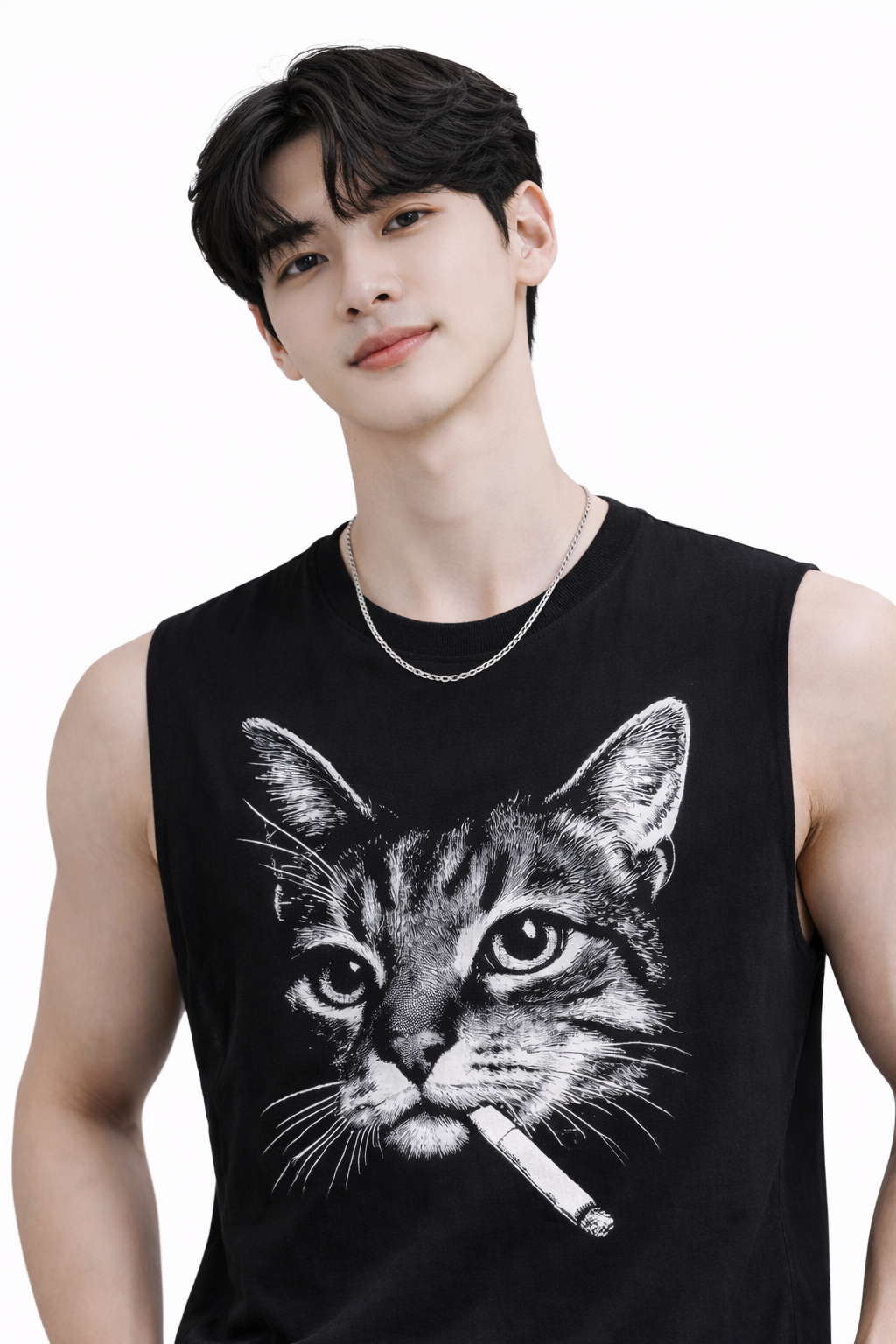 Attitude Start of Fashion Men’s Black Sleeveless T-Shirt with Cat Graphic Print