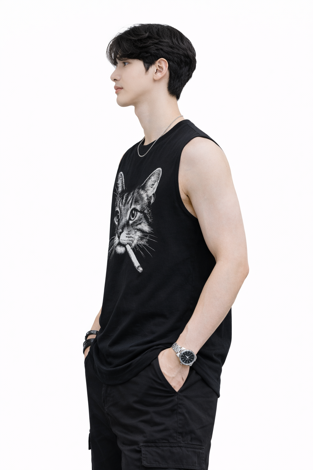 Attitude Start of Fashion Men’s Black Sleeveless T-Shirt with Cat Graphic Print