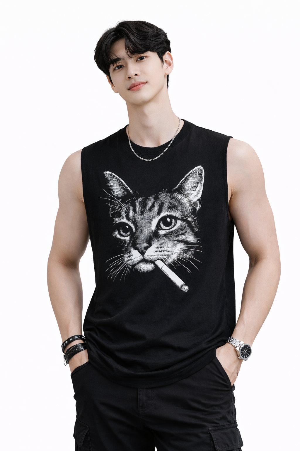 Attitude Start of Fashion Men’s Black Sleeveless T-Shirt with Cat Graphic Print