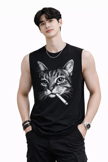 Attitude Start of Fashion Men’s Black Sleeveless T-Shirt with Cat Graphic Print