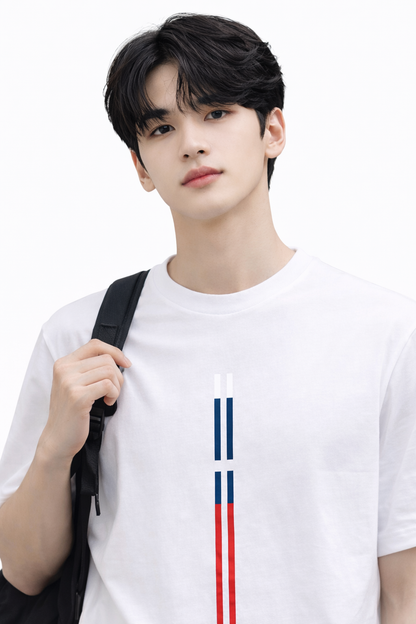 Attitude Start of Fashion Men’s White T-Shirt with Vertical Chest Stripe Design