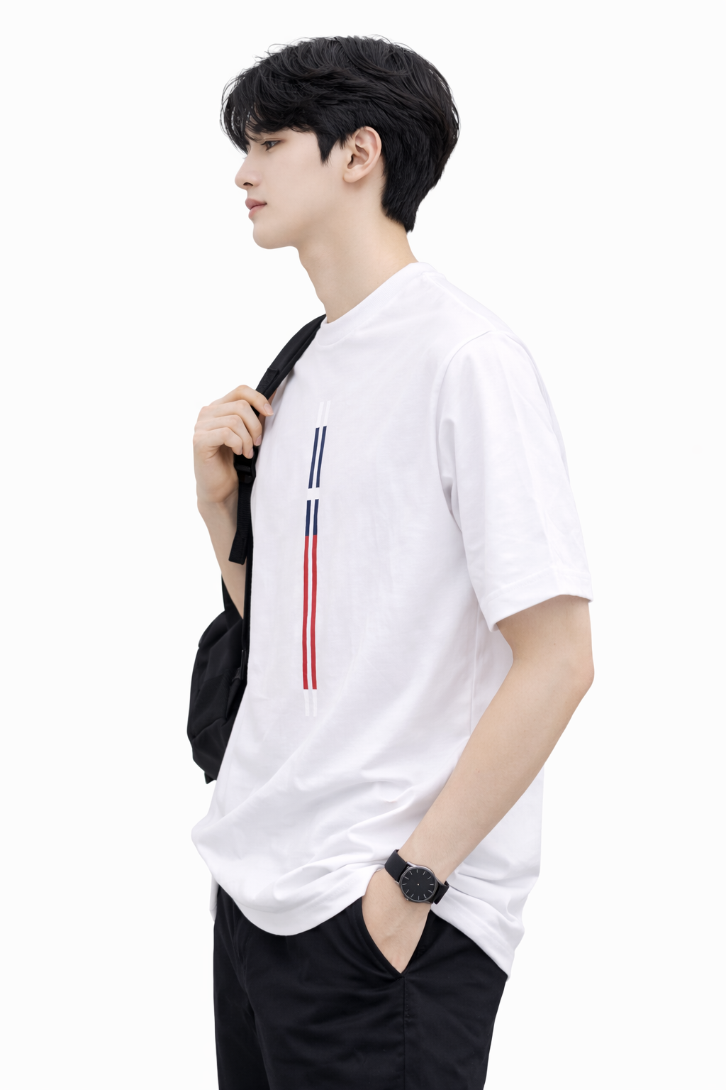 Attitude Start of Fashion Men’s White T-Shirt with Vertical Chest Stripe Design