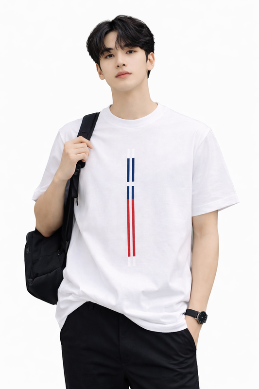 Attitude Start of Fashion Men’s White T-Shirt with Vertical Chest Stripe Design