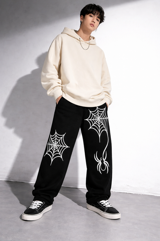 ATTITUDE START OF FASHION Men’s Spider Web Graphic Black Jogger Pants