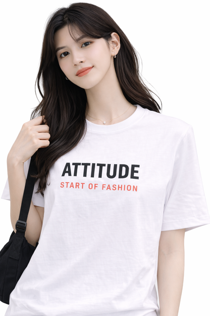 Attitude Start of Fashion Women’s White Attitude Graphic Round Neck T-Shirt