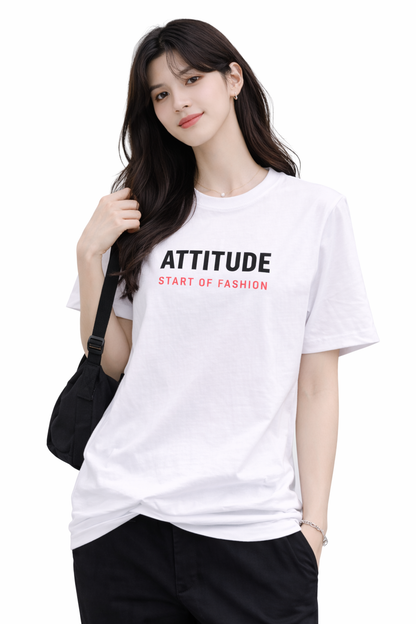 Attitude Start of Fashion Women’s White Attitude Graphic Round Neck T-Shirt