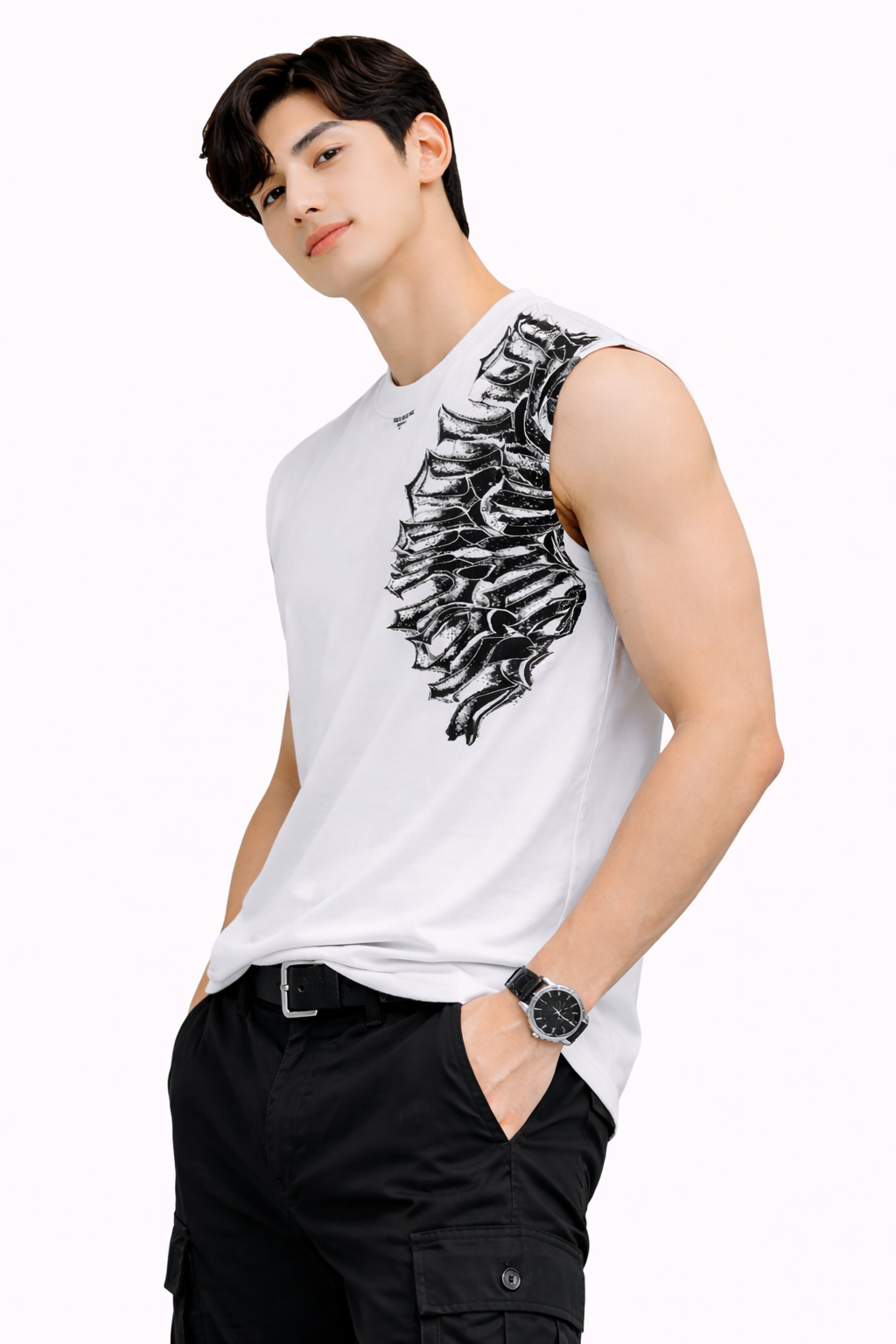 Attitude Start of Fashion Men’s White Sleeveless Graphic T-Shirt | Bold Black Print | Regular Fit