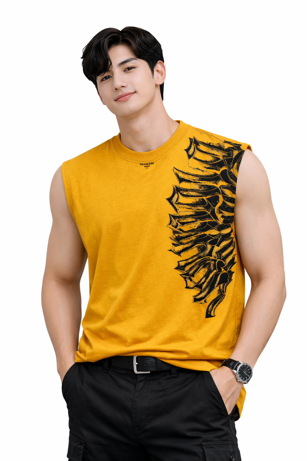 Attitude Start of Fashion Men Mustard Yellow Sleeveless Printed Cotton T-Shirt