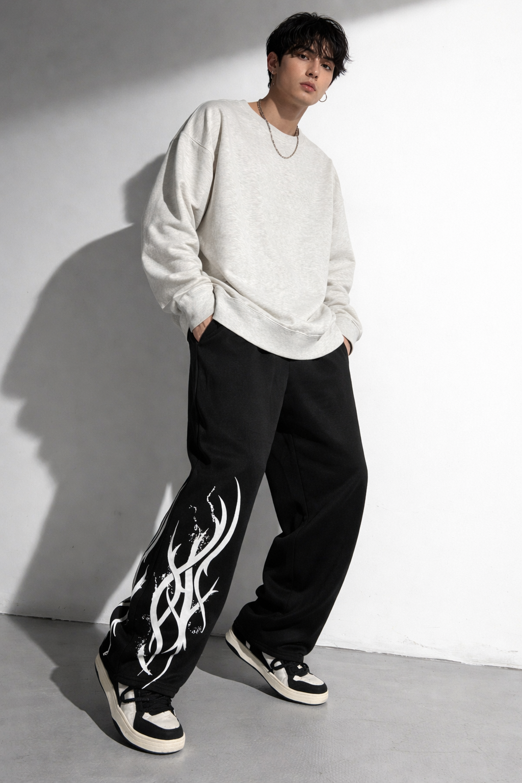 ATTITUDE START OF FASHION Men’s Black Tribal Flame Print Loose Fit Baggy Pants