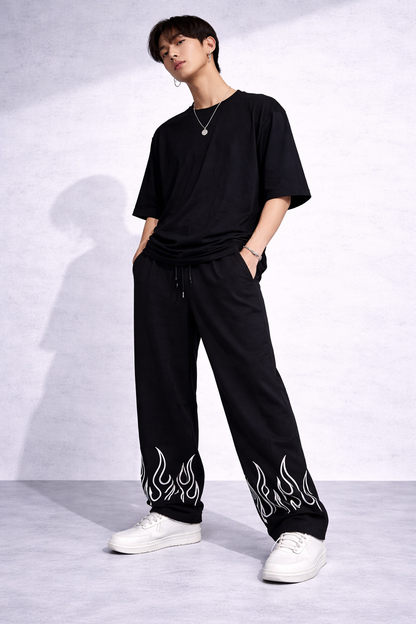 Attitude Start Of Fashion Men’s Black Flame Print Relaxed Fit Baggy Pants