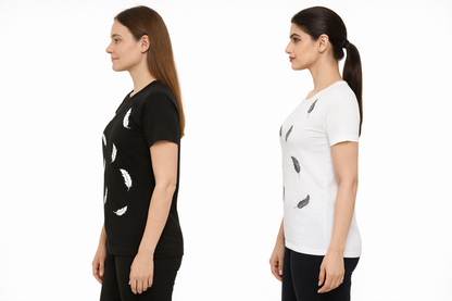 ATTITUDE START OF FASHION Women’s Feather Print Cotton T-Shirt | Black & White Classic Style