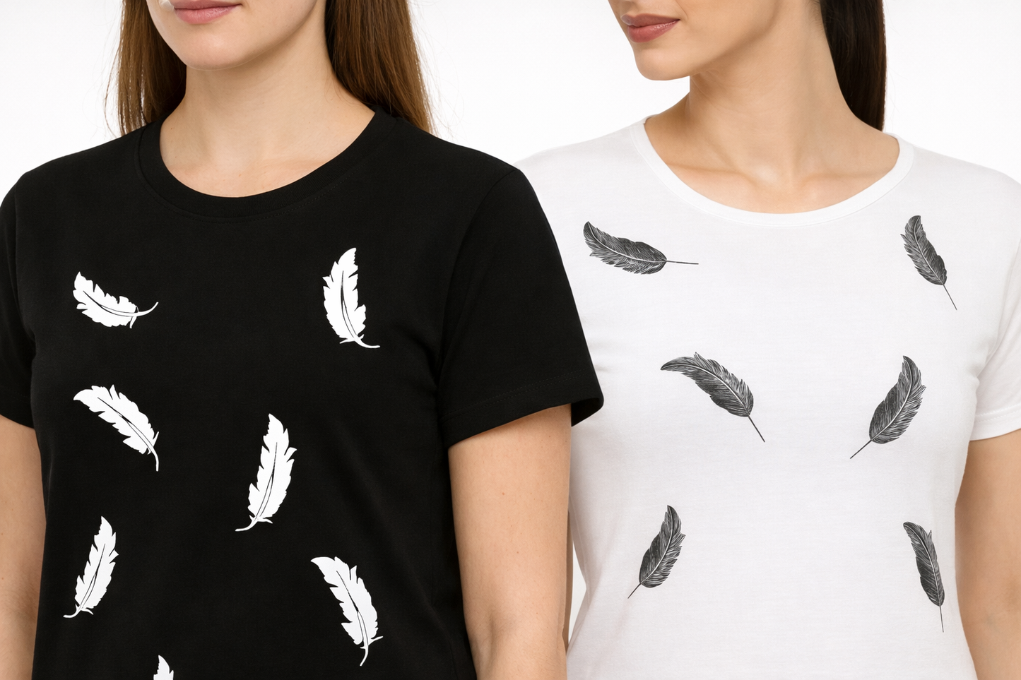ATTITUDE START OF FASHION Women’s Feather Print Cotton T-Shirt | Black & White Classic Style