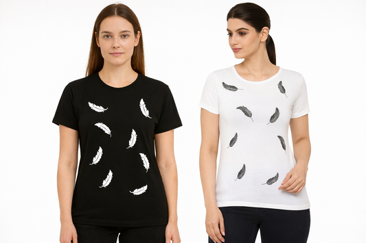 ATTITUDE START OF FASHION Women’s Feather Print Cotton T-Shirt | Black & White Classic Style