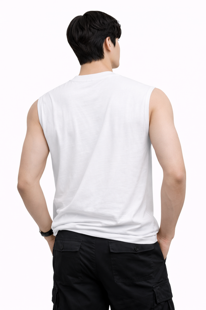 Attitude Start of Fashion Men’s White Sleeveless Graphic T-Shirt | Bold Black Print | Regular Fit