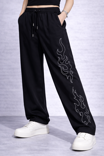 Attitude Start Of Fashion Women Black Flame Stud Wide-Leg Baggy