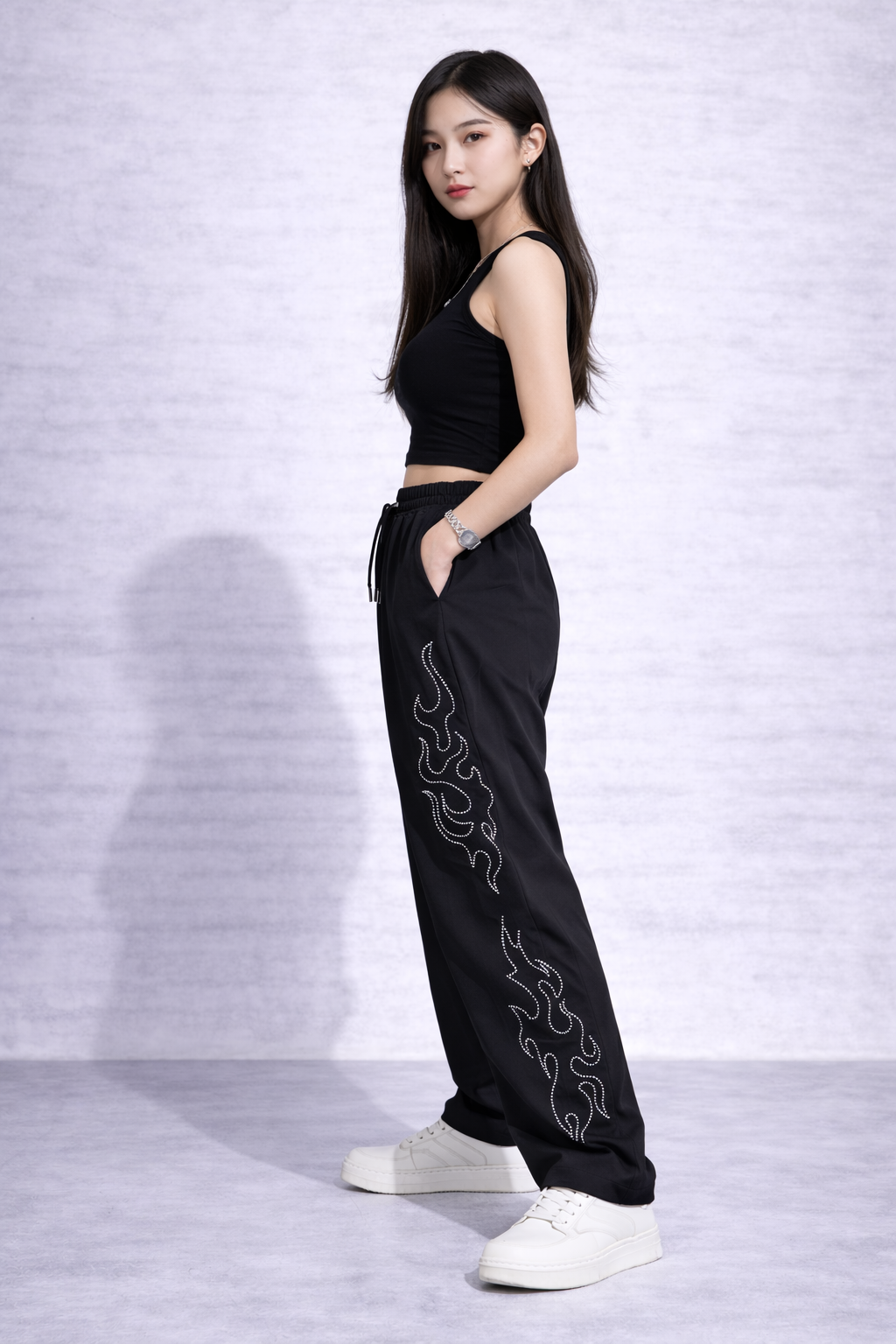 Attitude Start Of Fashion Women Black Flame Stud Wide-Leg Baggy