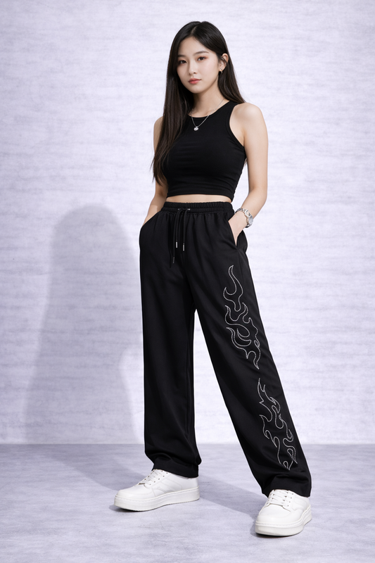 Attitude Start Of Fashion Women Black Flame Stud Wide-Leg Baggy
