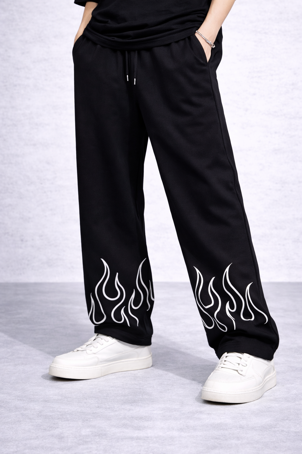 Attitude Start Of Fashion Men’s Black Flame Print Relaxed Fit Baggy Pants