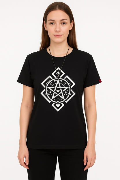 Attitude Start Of Fashion Women’s Black Geometric Star Symbol Graphic T-Shirt