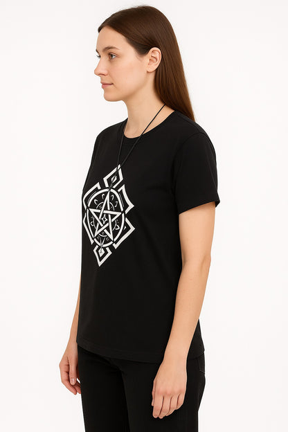 Attitude Start Of Fashion Women’s Black Geometric Star Symbol Graphic T-Shirt