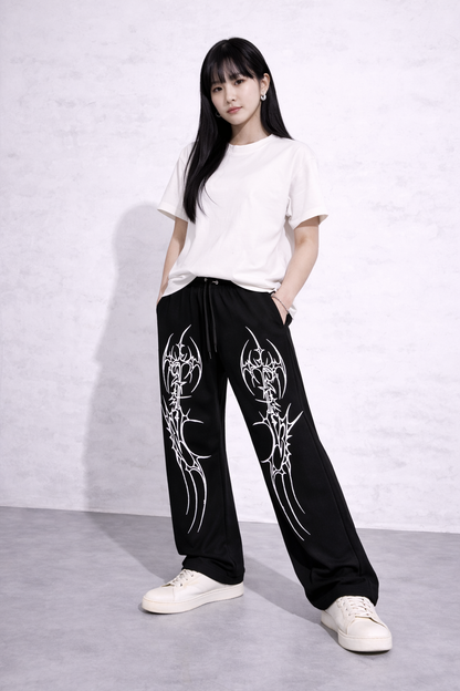 Attitude Start Of Fashion Gothic Tribal Print Black Wide-Leg Streetwear Pants