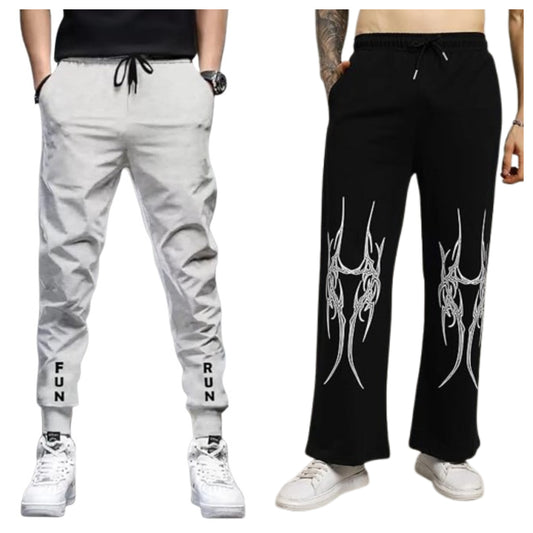 Attitude Combo Black Baggy Printed Lower for Men with Grey Cotton Blend Joggers