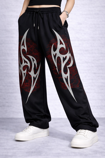 Attitude Start Of Fashion Women’s Black Tribal Graphic Wide-Leg baggy – Hip Hop Streetwear Drawstring Casual Trousers