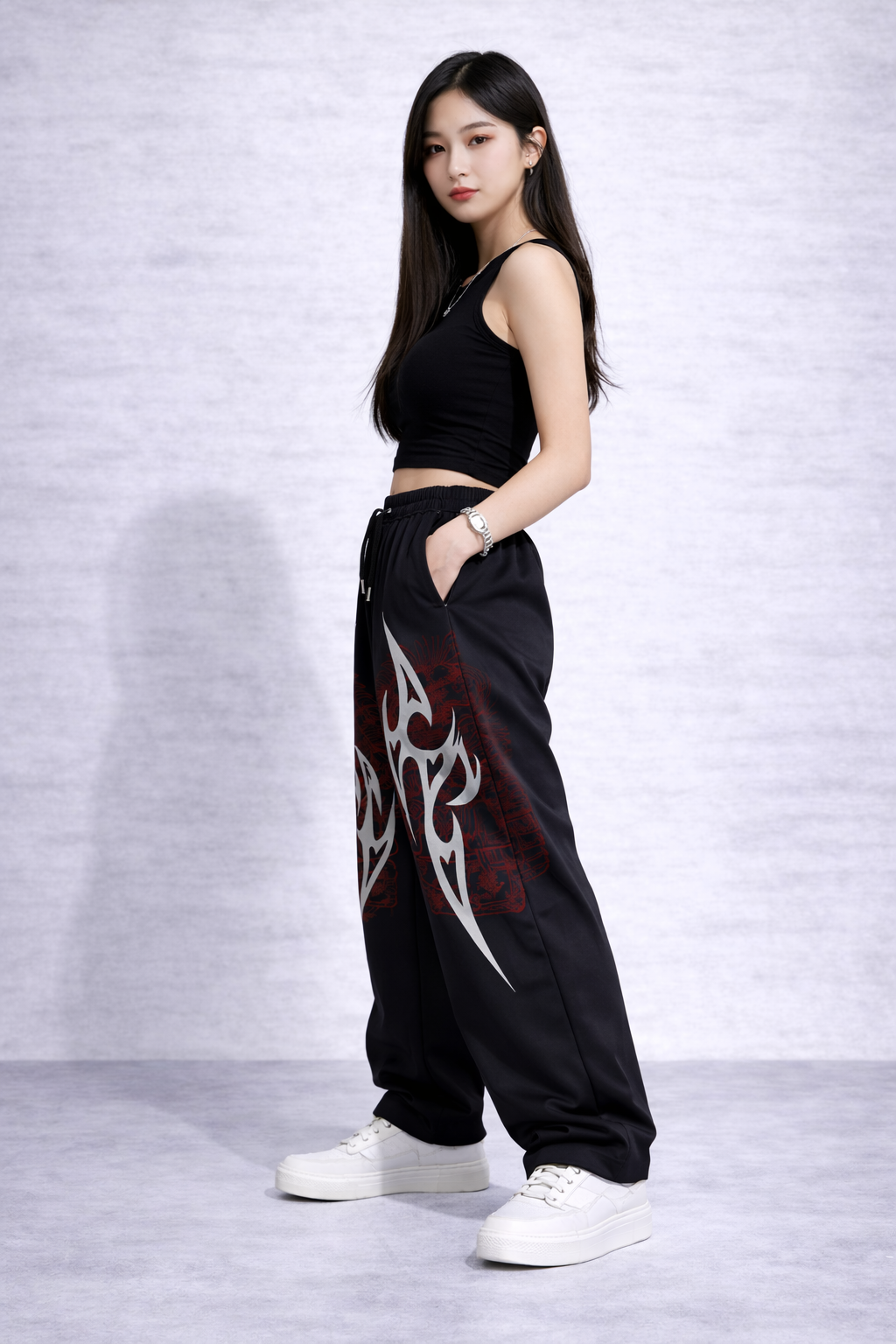 Attitude Start Of Fashion Women’s Black Tribal Graphic Wide-Leg baggy – Hip Hop Streetwear Drawstring Casual Trousers