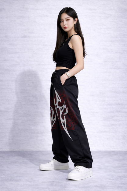 Attitude Start Of Fashion Women’s Black Tribal Graphic Wide-Leg baggy – Hip Hop Streetwear Drawstring Casual Trousers