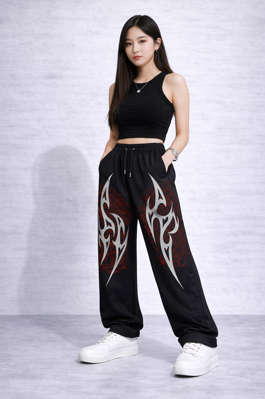 Attitude Start Of Fashion Women’s Black Tribal Graphic Wide-Leg baggy – Hip Hop Streetwear Drawstring Casual Trousers