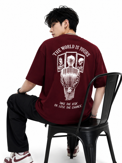 ATTITUDE START OF FASHION The World Is Yours Graphic Oversized Maroon T-Shirt