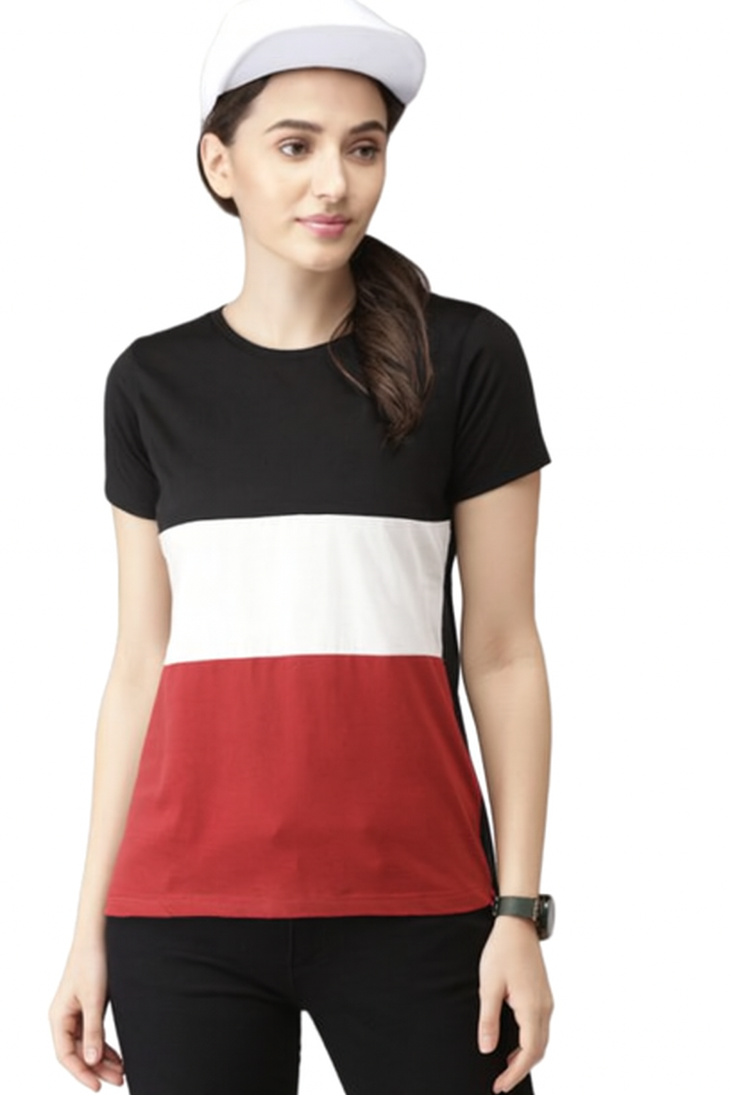 Attitude Start Of Fashion Women’s Black White Red Colorblock T-Shirt | Casual Crew Neck Tee