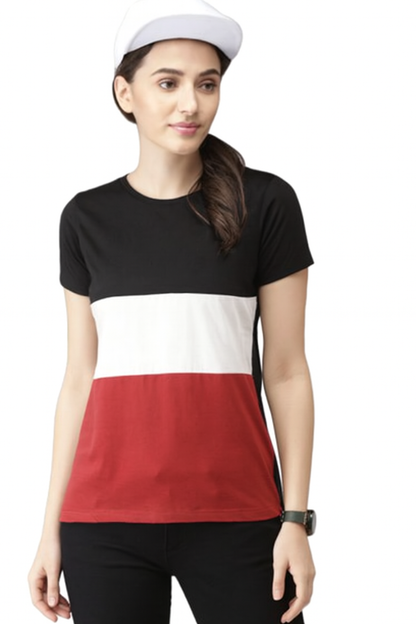 Attitude Start Of Fashion Women’s Black White Red Colorblock T-Shirt | Casual Crew Neck Tee