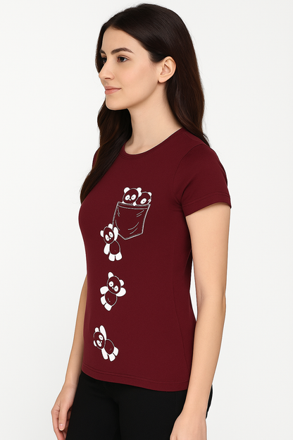Attitude Start Of Fashion Maroon Panda Print Women Tshirt