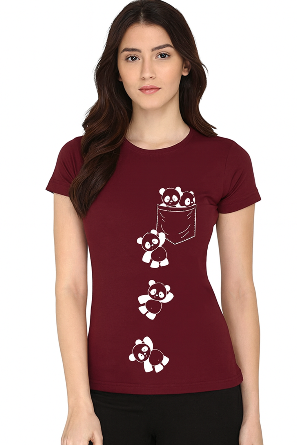 Attitude Start Of Fashion Maroon Panda Print Women Tshirt