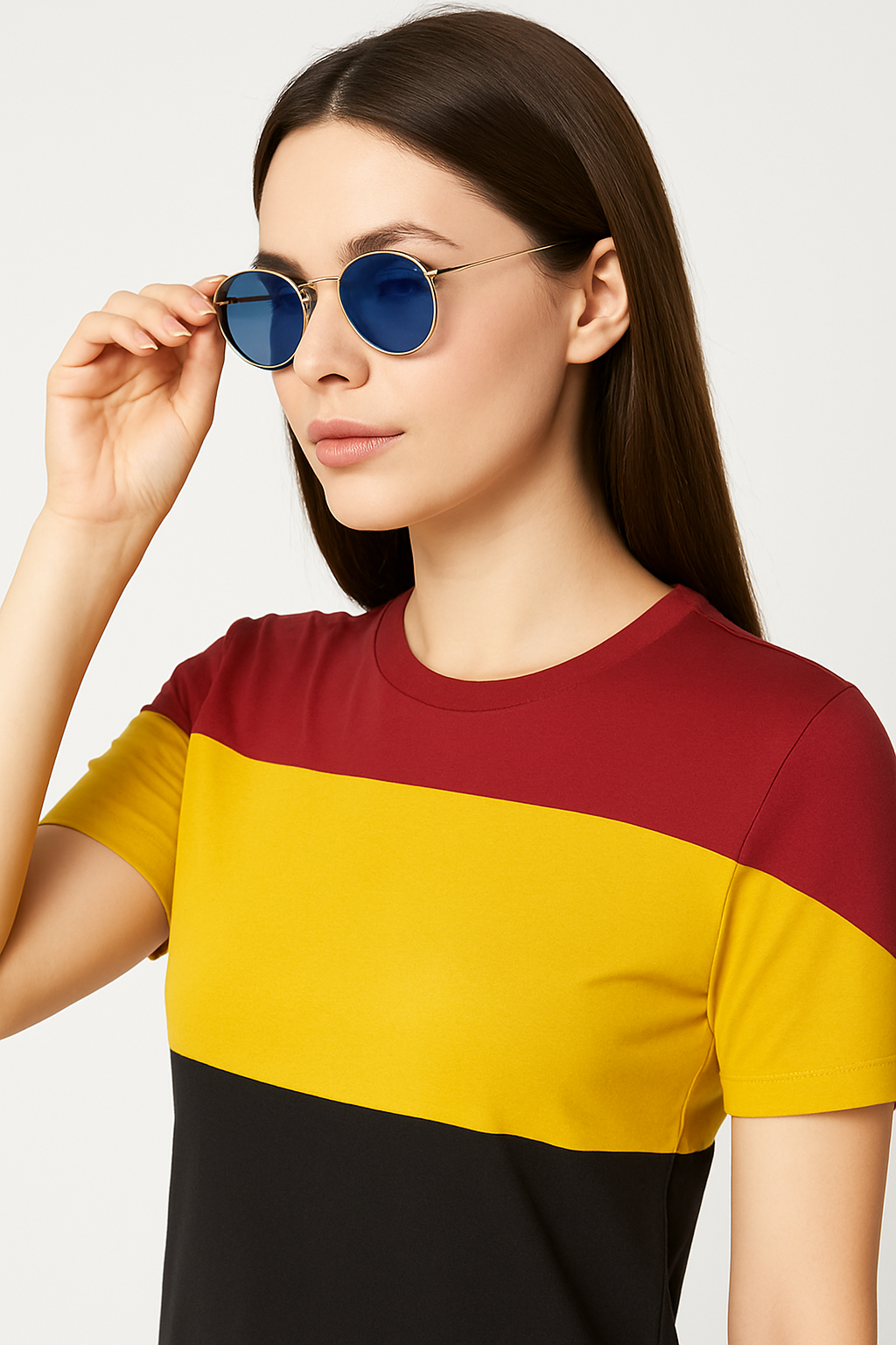 Attitude Start Of Fashion Women’s Color Block T-Shirt – Maroon, Yellow & Black Casual Tee