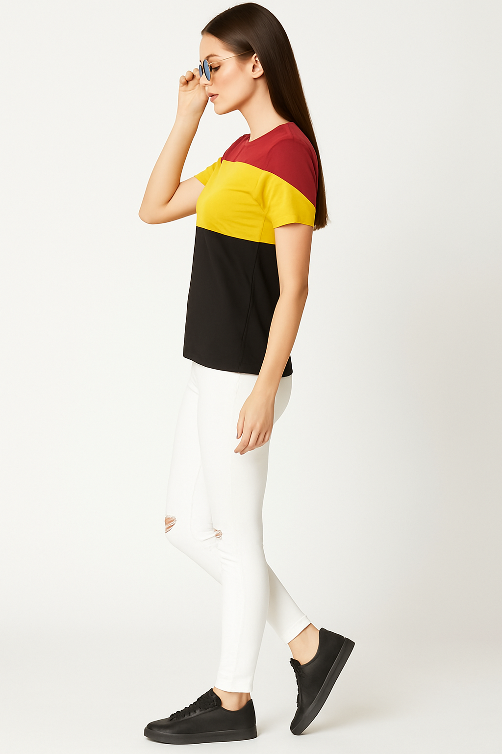 Attitude Start Of Fashion Women’s Color Block T-Shirt – Maroon, Yellow & Black Casual Tee
