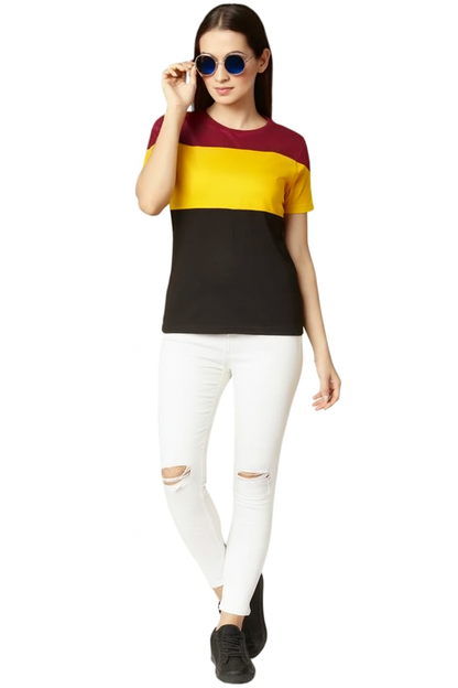 Attitude Start Of Fashion Women’s Color Block T-Shirt – Maroon, Yellow & Black Casual Tee
