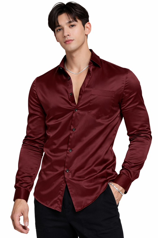 Attitude Start of Fashion Men’s Premium Maroon Satin Slim Fit Shirt – Full Sleeve Party Wear