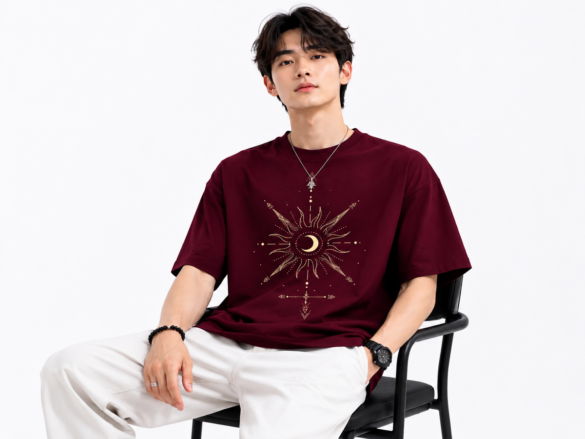 Attitude Men Sun Printed Crew Neck Oversized Fit Cotton T- Shirt