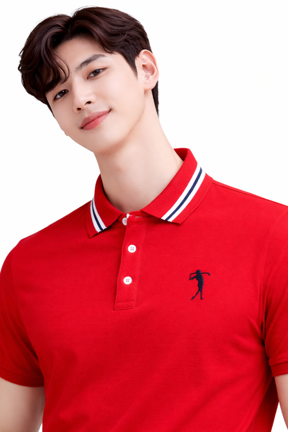 Attitude Start of Fashion Men’s Premium Red Polo T-Shirt with Contrast Collar & Golfer Logo