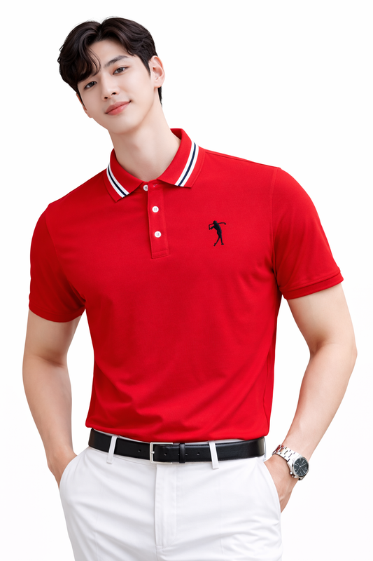Attitude Start of Fashion Men’s Premium Red Polo T-Shirt with Contrast Collar & Golfer Logo