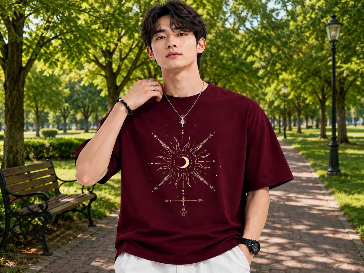 Attitude Men Sun Printed Crew Neck Oversized Fit Cotton T- Shirt