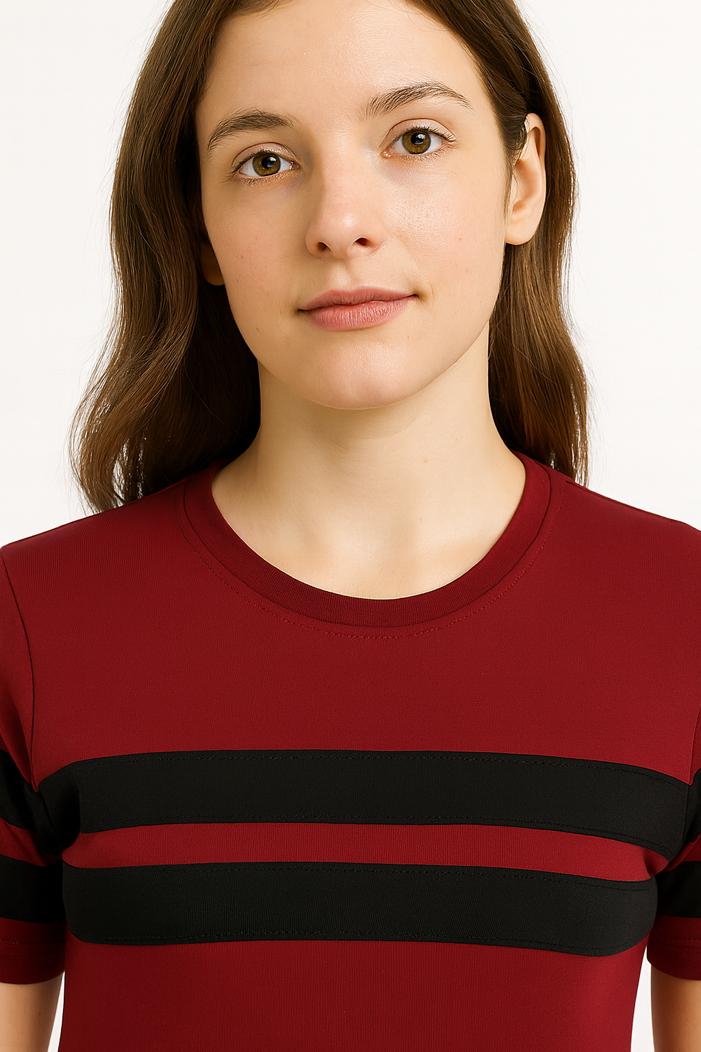 Attitude Start Of Fashion Women’s Maroon Cotton T-Shirt with Black Chest Stripes – Regular Fit