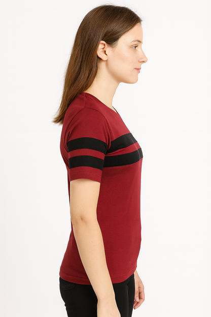 Attitude Start Of Fashion Women’s Maroon Cotton T-Shirt with Black Chest Stripes – Regular Fit