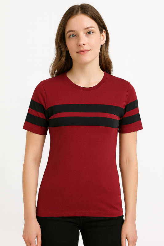 Attitude Start Of Fashion Women’s Maroon Cotton T-Shirt with Black Chest Stripes – Regular Fit