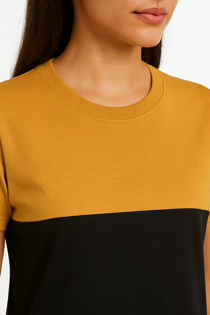 Attitude Start Of Fashion Women’s Mustard & Black Color Block T-Shirt – Casual Everyday Wear