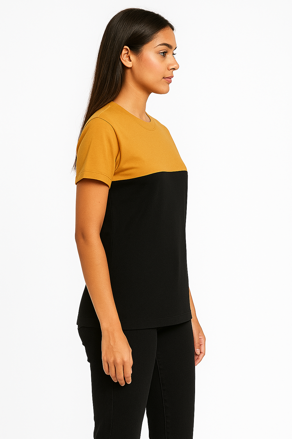 Attitude Start Of Fashion Women’s Mustard & Black Color Block T-Shirt – Casual Everyday Wear