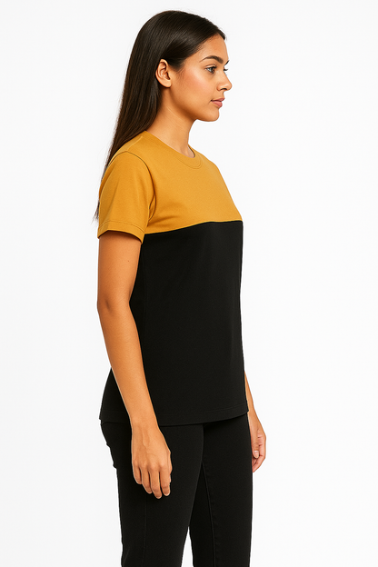 Attitude Start Of Fashion Women’s Mustard & Black Color Block T-Shirt – Casual Everyday Wear